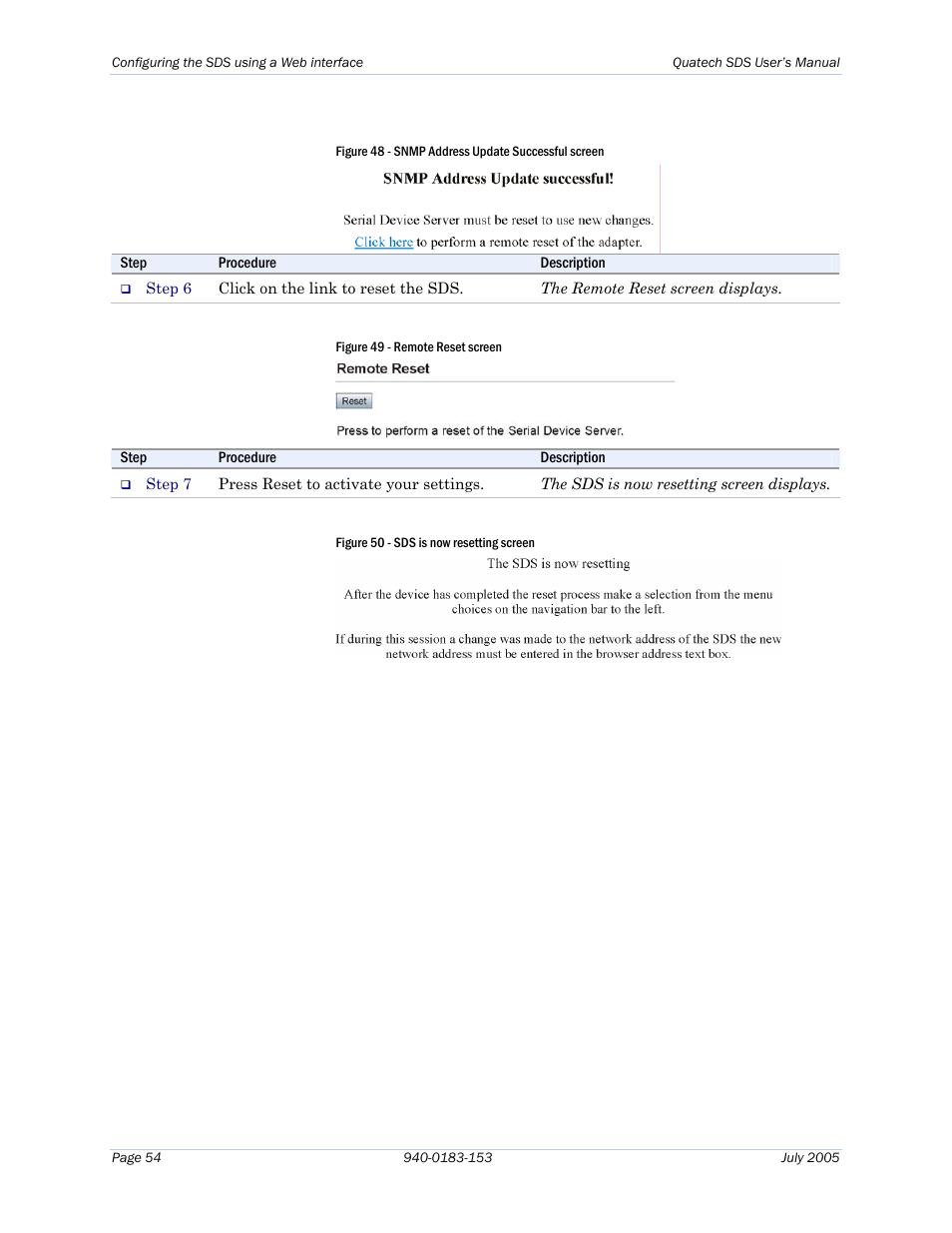 Figure 48 - snmp address update successful screen, Figure 49 - remote reset screen, Figure 50 - sds is now resetting screen | Quatech Serial Device Server User Manual | Page 60 / 98