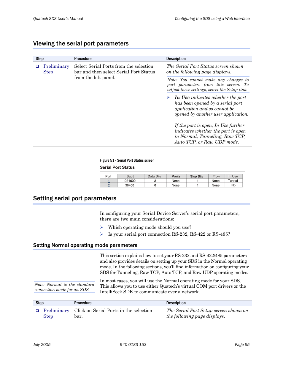 Viewing the serial port parameters, Setting serial port parameters, Setting normal operating mode parameters | Figure 51 - serial port status screen | Quatech Serial Device Server User Manual | Page 61 / 98