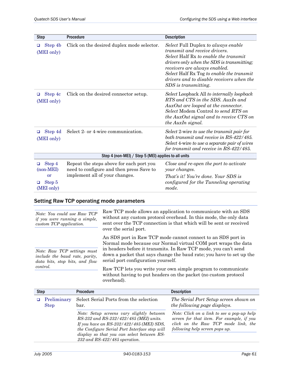 Setting raw tcp operating mode parameters | Quatech Serial Device Server User Manual | Page 67 / 98