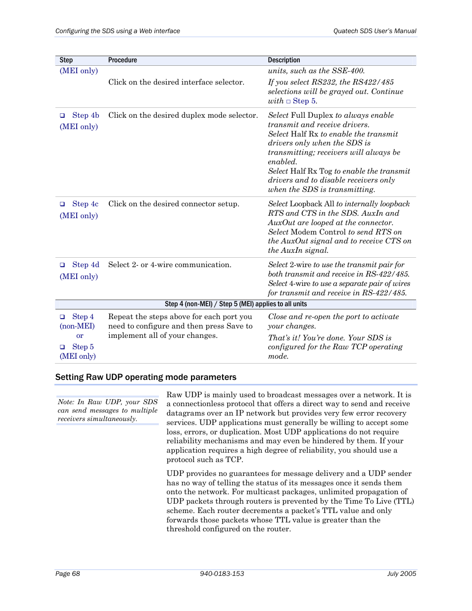 Setting raw udp operating mode parameters | Quatech Serial Device Server User Manual | Page 74 / 98