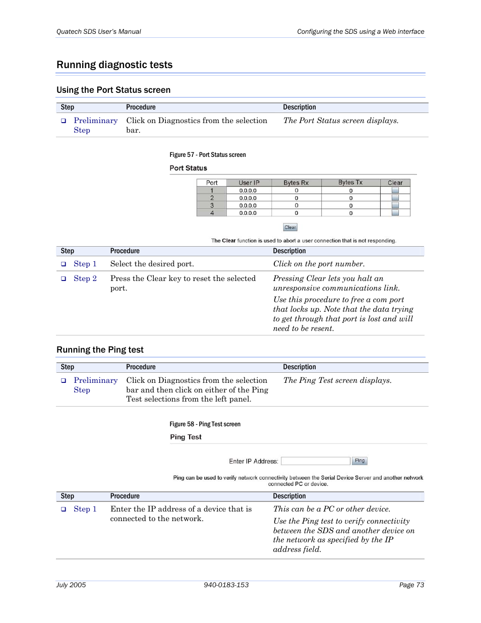 Running diagnostic tests, Using the port status screen, Running the ping test | Figure 57 - port status screen, Figure 58 - ping test screen | Quatech Serial Device Server User Manual | Page 79 / 98