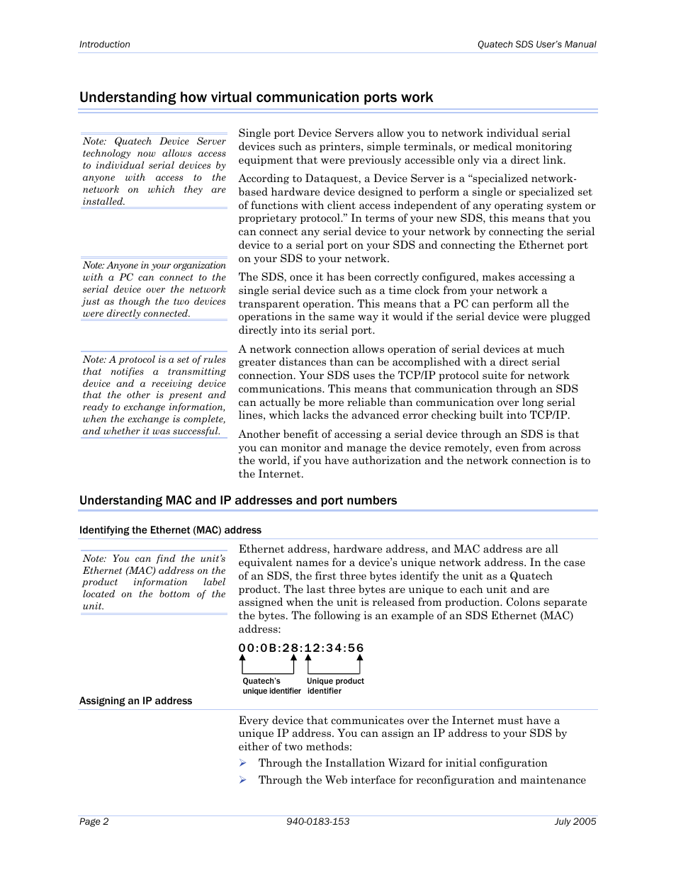 Understanding how virtual communication ports work, Identifying the ethernet (mac) address, Assigning an ip address | Quatech Serial Device Server User Manual | Page 8 / 98