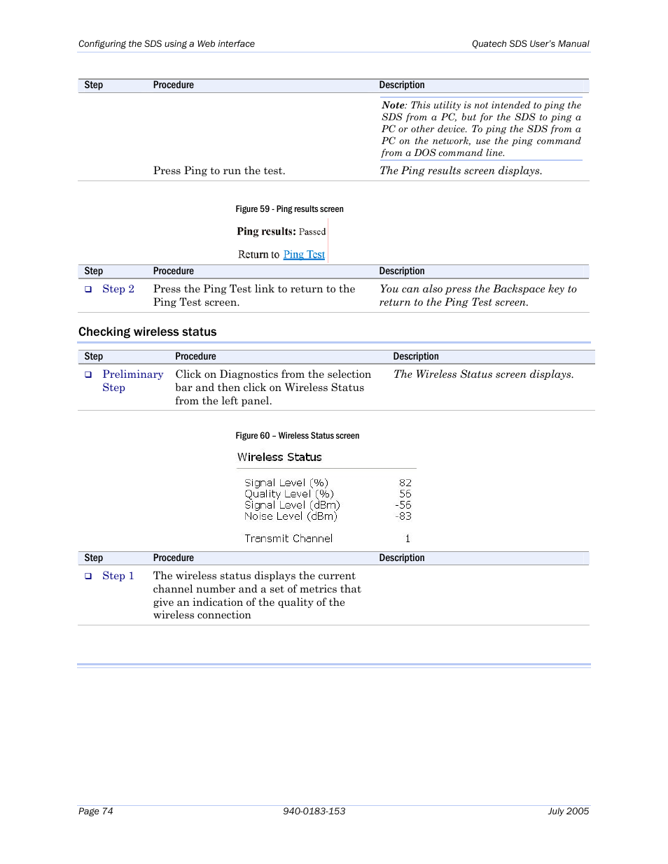 Checking wireless status, Figure 59 - ping results screen, Figure 60 – wireless status screen | Quatech Serial Device Server User Manual | Page 80 / 98