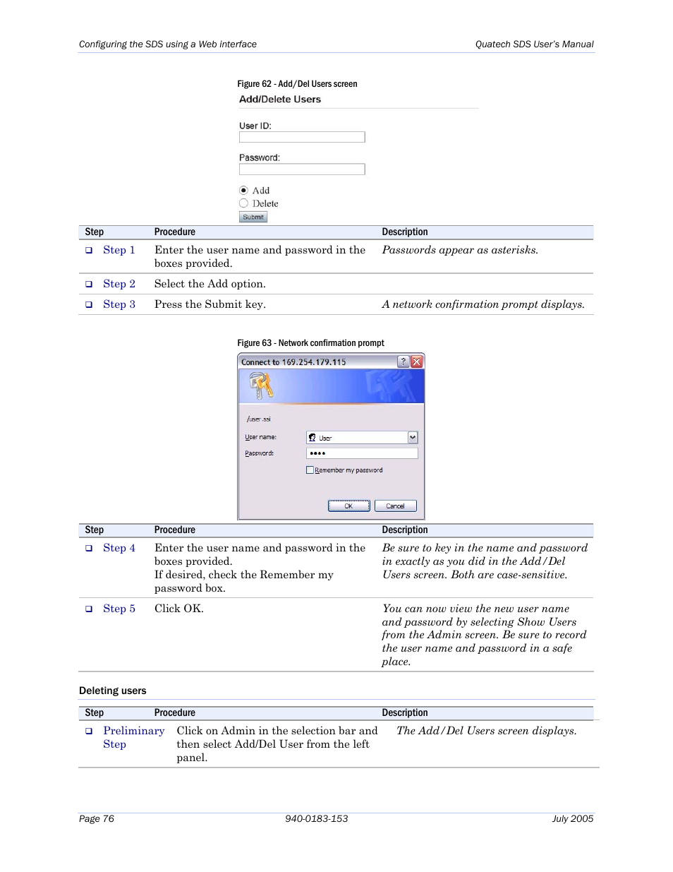 Deleting users, Figure 62 - add/del users screen, Figure 63 - network confirmation prompt | Quatech Serial Device Server User Manual | Page 82 / 98