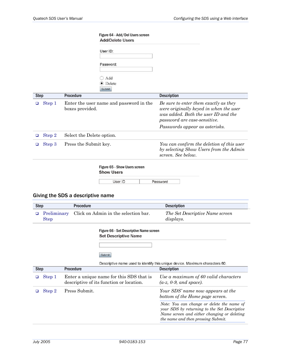 Giving the sds a descriptive name, Figure 64 - add/del users screen, Figure 65 - show users screen | Figure 66 - set descriptive name screen | Quatech Serial Device Server User Manual | Page 83 / 98
