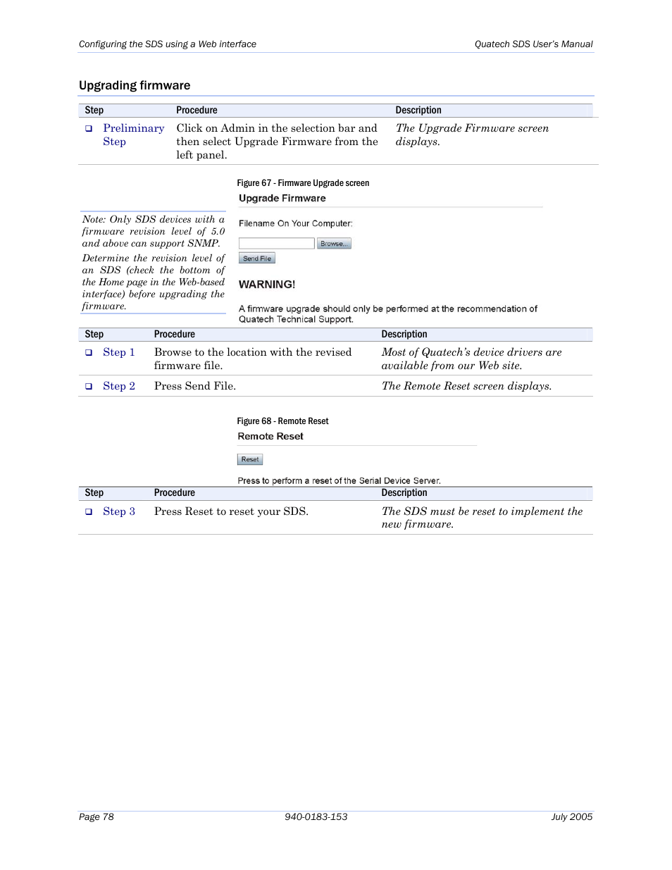 Upgrading firmware, Figure 67 - firmware upgrade screen, Figure 68 - remote reset | Quatech Serial Device Server User Manual | Page 84 / 98