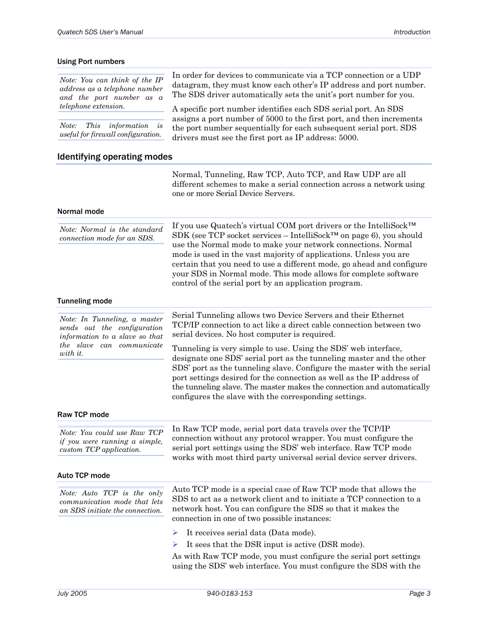 Using port numbers, Identifying operating modes, Normal mode | Tunneling mode, Raw tcp mode, Auto tcp mode | Quatech Serial Device Server User Manual | Page 9 / 98