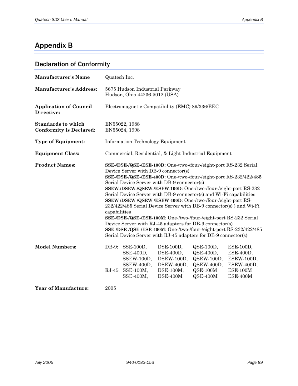 Appendix b, Declaration of conformity | Quatech Serial Device Server User Manual | Page 95 / 98