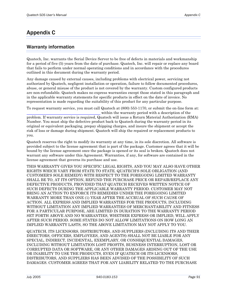 Appendix c, Warranty information | Quatech Serial Device Server User Manual | Page 97 / 98