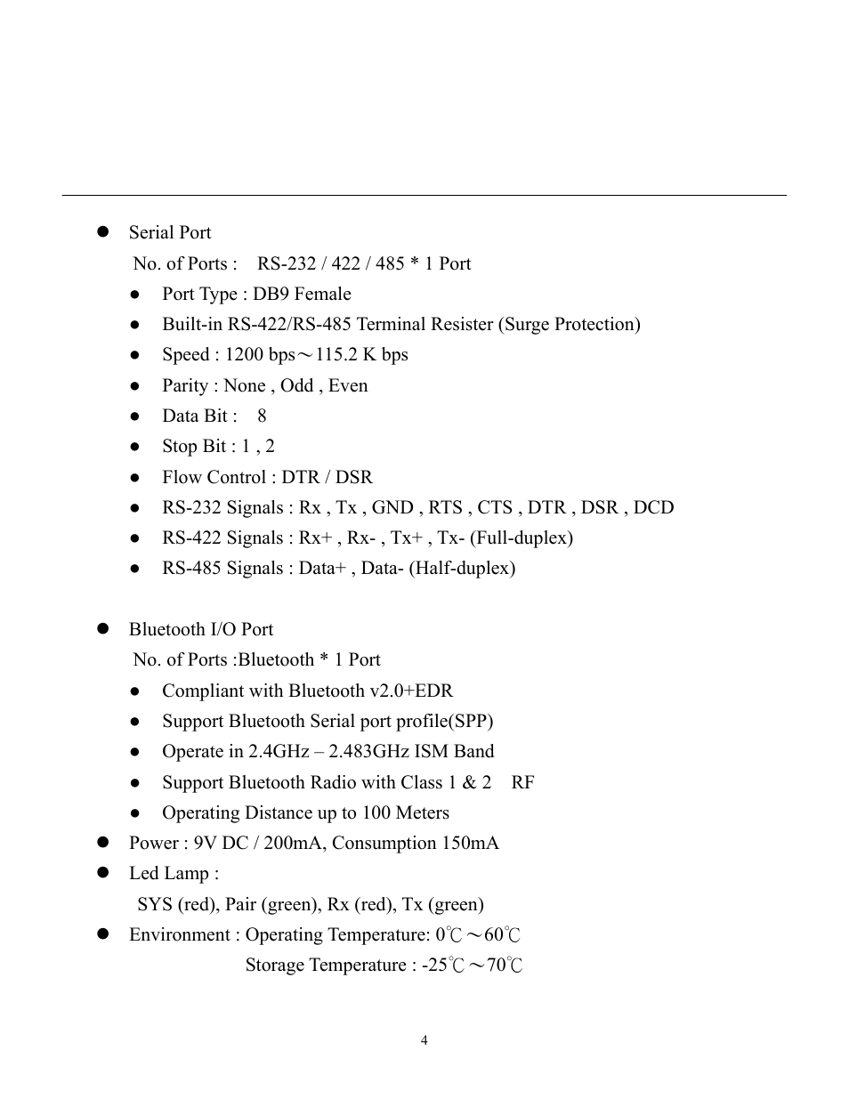 Product specification | Quatech RS-485 User Manual | Page 5 / 18