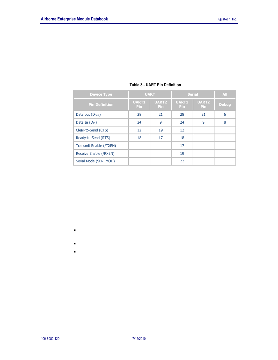 Digital uart ports, Ethernet phy port, Table 3 - uart pin definition | 1 digital uart ports, 2 ethernet phy port | Quatech 802.11B/G User Manual | Page 13 / 40