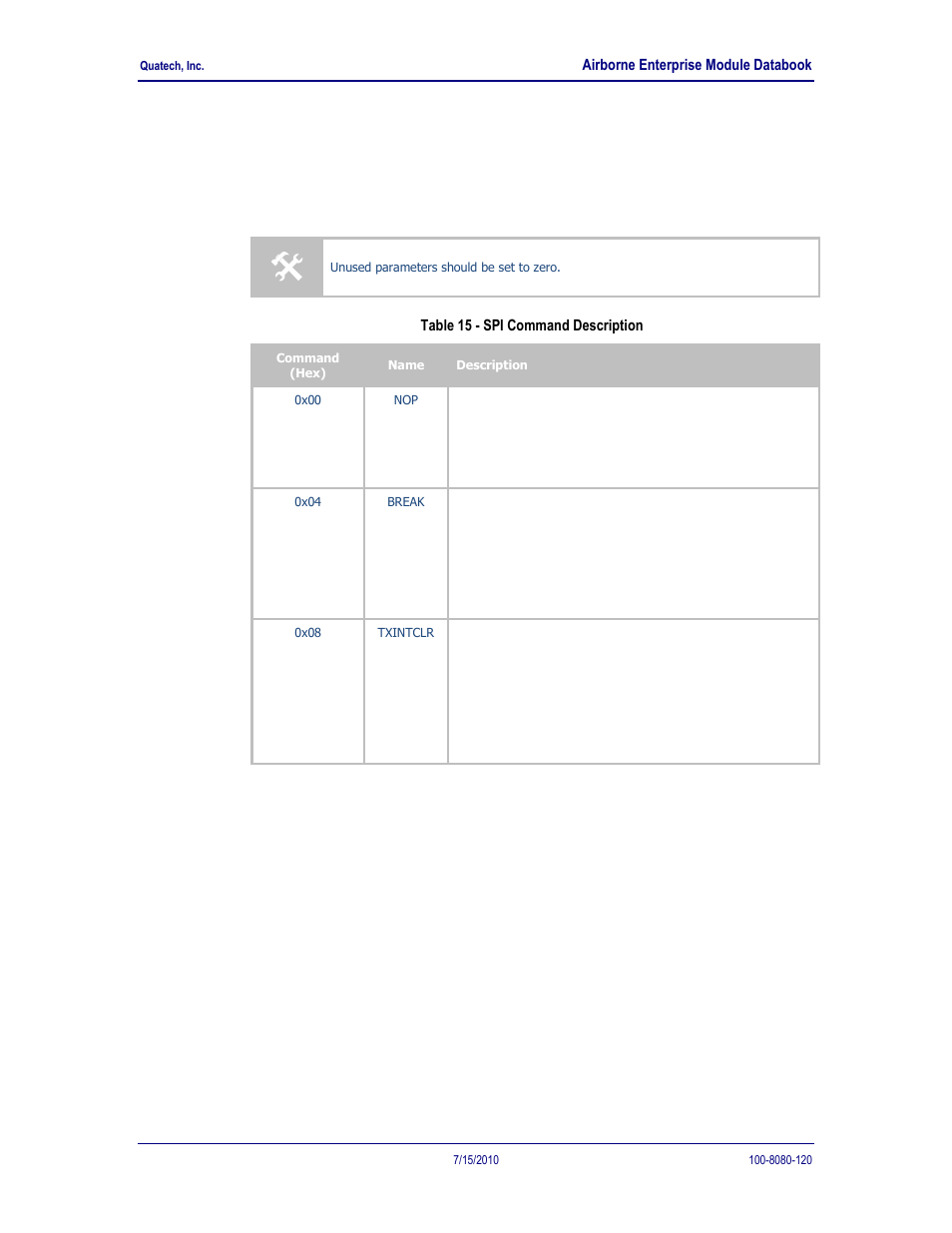 Spi commands, Table 16 - spi command description, 4 spi commands | Quatech 802.11B/G User Manual | Page 24 / 40