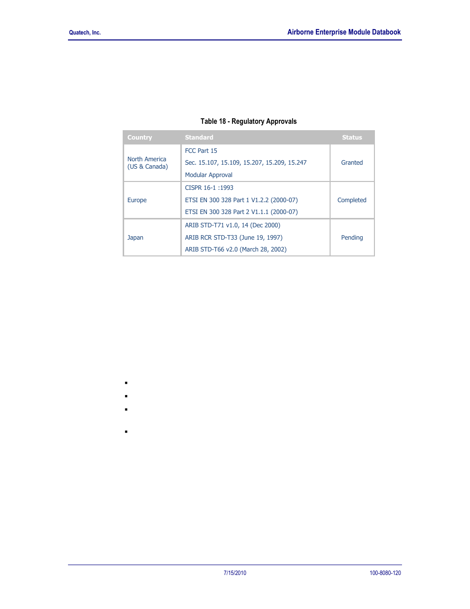 Certification & regulatory approvals, Fcc statement, Fcc rf exposure statement | Information for canadian users (ic notice), Table 19 - regulatory approvals, 0 certification & regulatory approvals, 1 fcc statement, 2 fcc rf exposure statement, 3 information for canadian users (ic notice) | Quatech 802.11B/G User Manual | Page 36 / 40