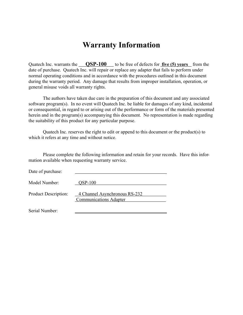 Warranty information | Quatech QSP-100 User Manual | Page 2 / 40