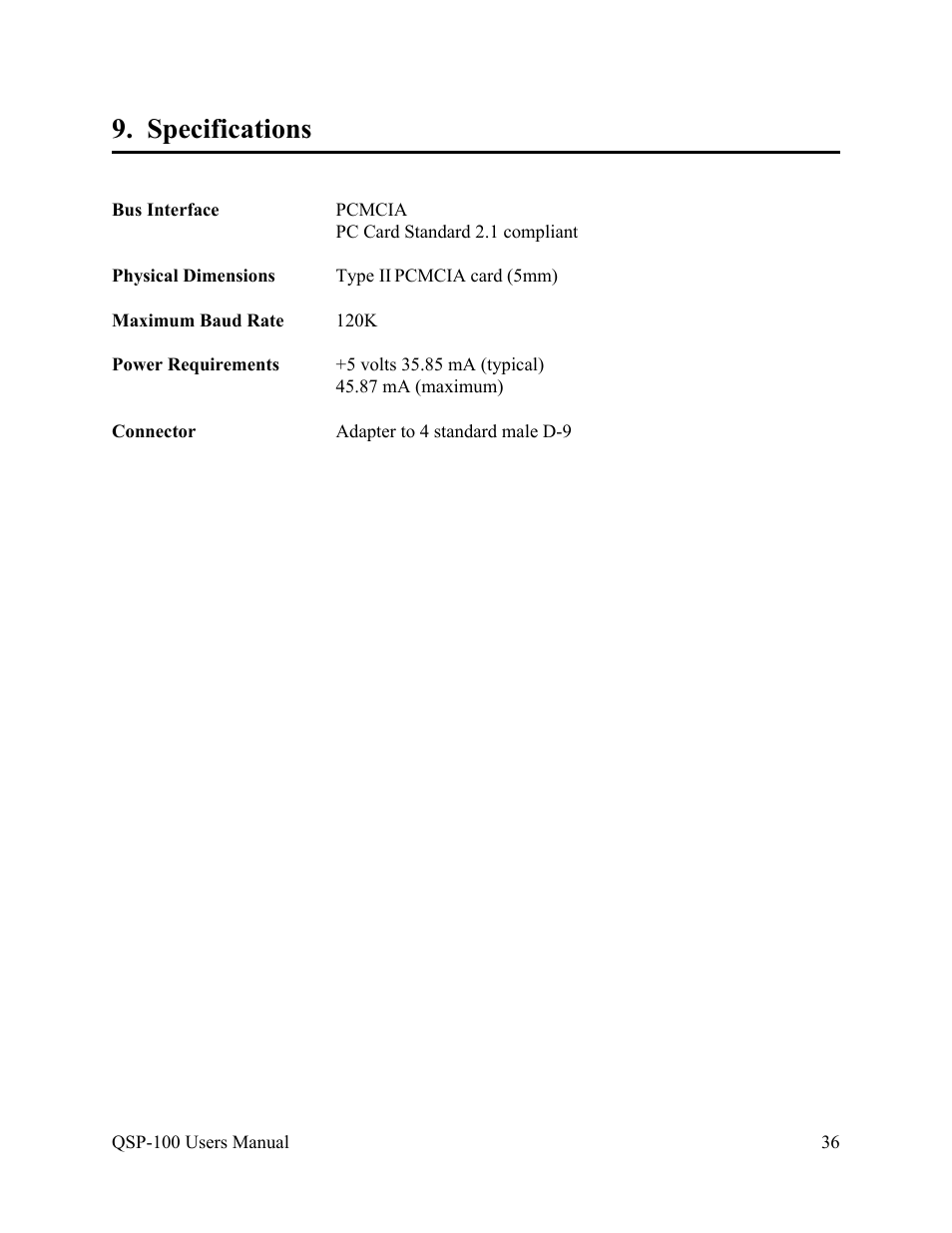 Specifications | Quatech QSP-100 User Manual | Page 39 / 40