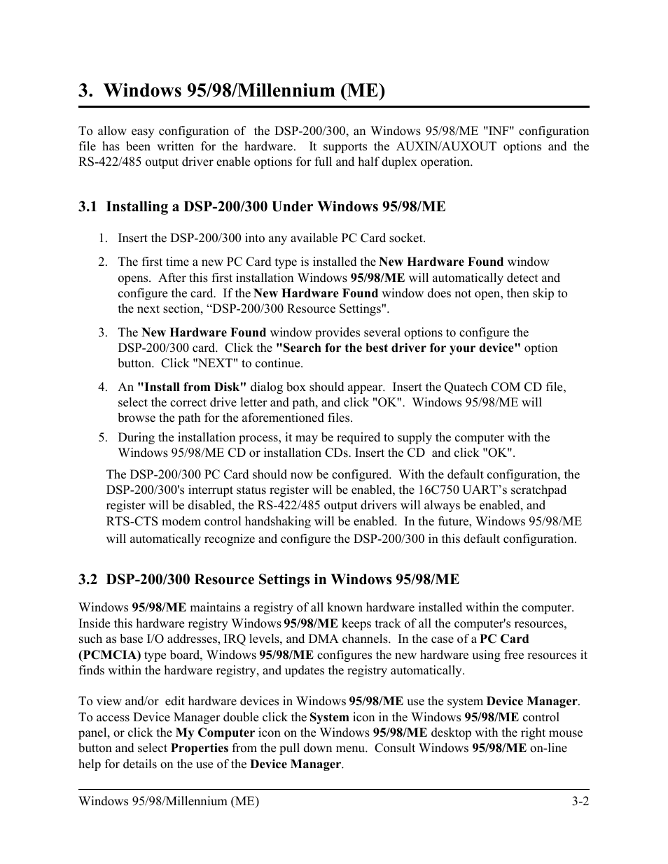 Windows 95/98/millennium (me) | Quatech DSP-200/300 User Manual | Page 19 / 52