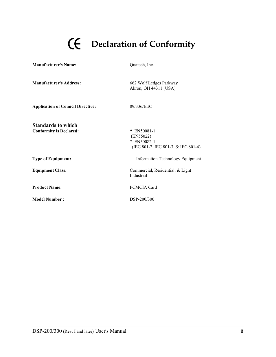 Declaration of conformity | Quatech DSP-200/300 User Manual | Page 3 / 52