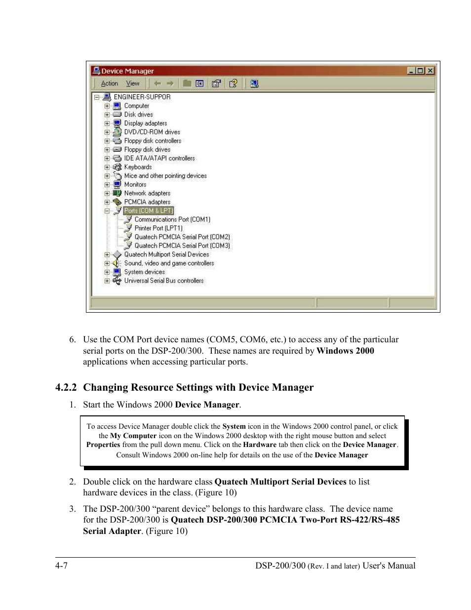 2 changing resource settings with device manager | Quatech DSP-200/300 User Manual | Page 30 / 52