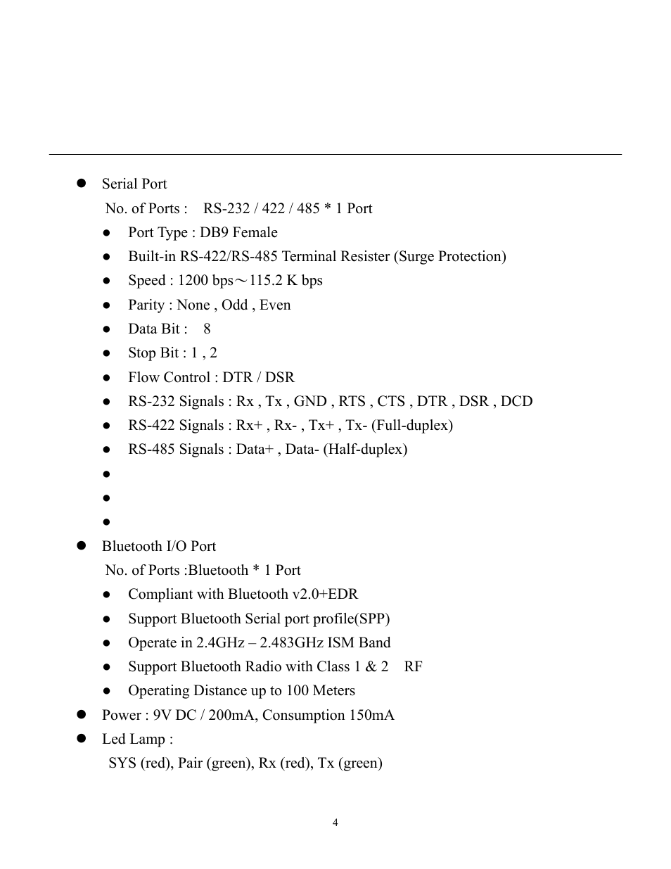 Product specification | Quatech Bluetooth To Serial Converter SS-BLT-400 User Manual | Page 5 / 18