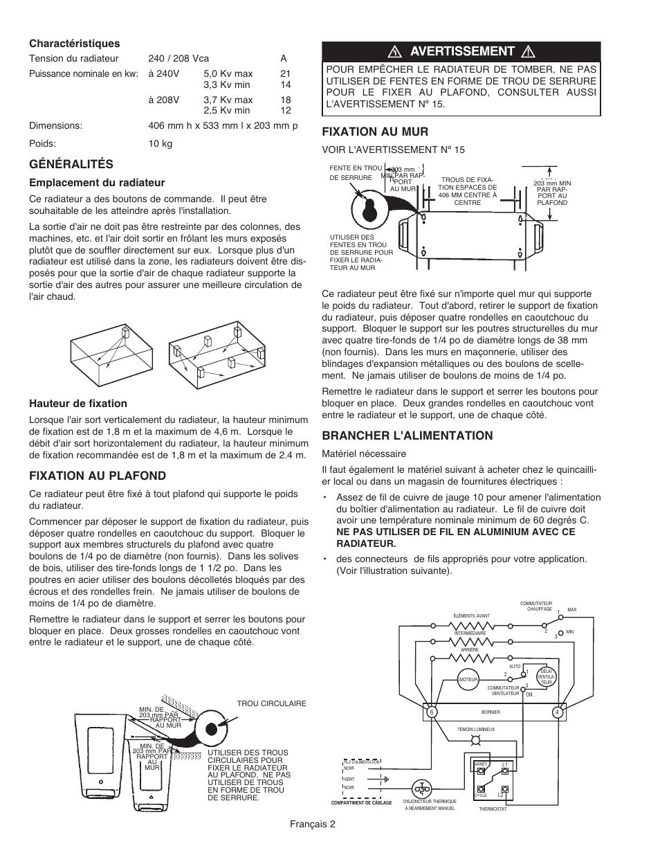 Généralités, Fixation au plafond, Fixation au mur | Brancher l'alimentation, Charactéristiques, Emplacement du radiateur, Hauteur de fixation | Qmark MUH35C User Manual | Page 10 / 12