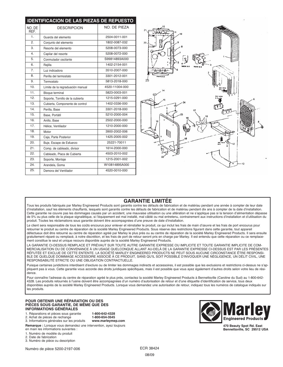 Garantie limitée, Identificacion de las piezas de repuesto | Qmark MUH35C User Manual | Page 12 / 12