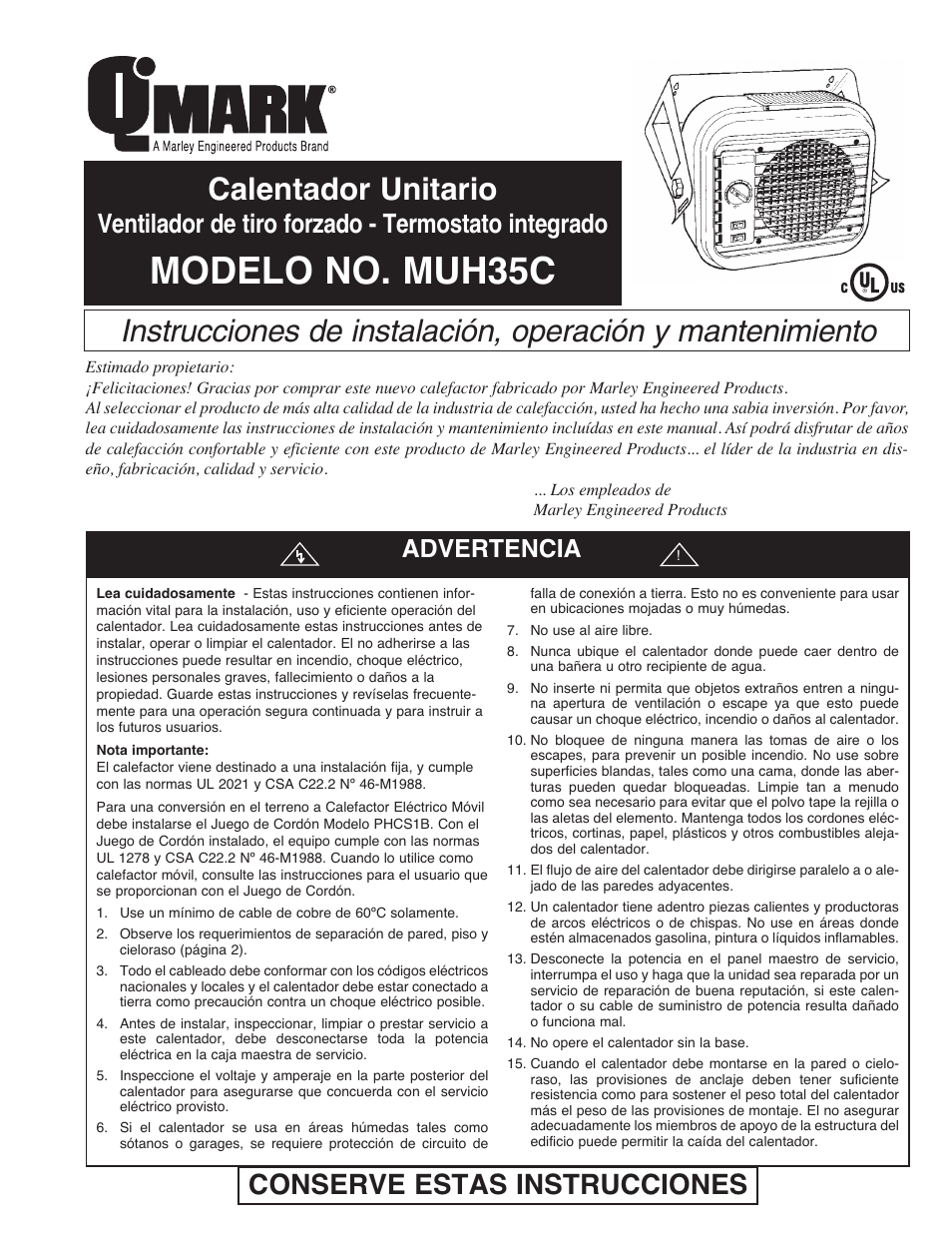 Modelo no. muh35c, Calentador unitario, Conserve estas instrucciones | Ventilador de tiro forzado - termostato integrado, Advertencia | Qmark MUH35C User Manual | Page 5 / 12
