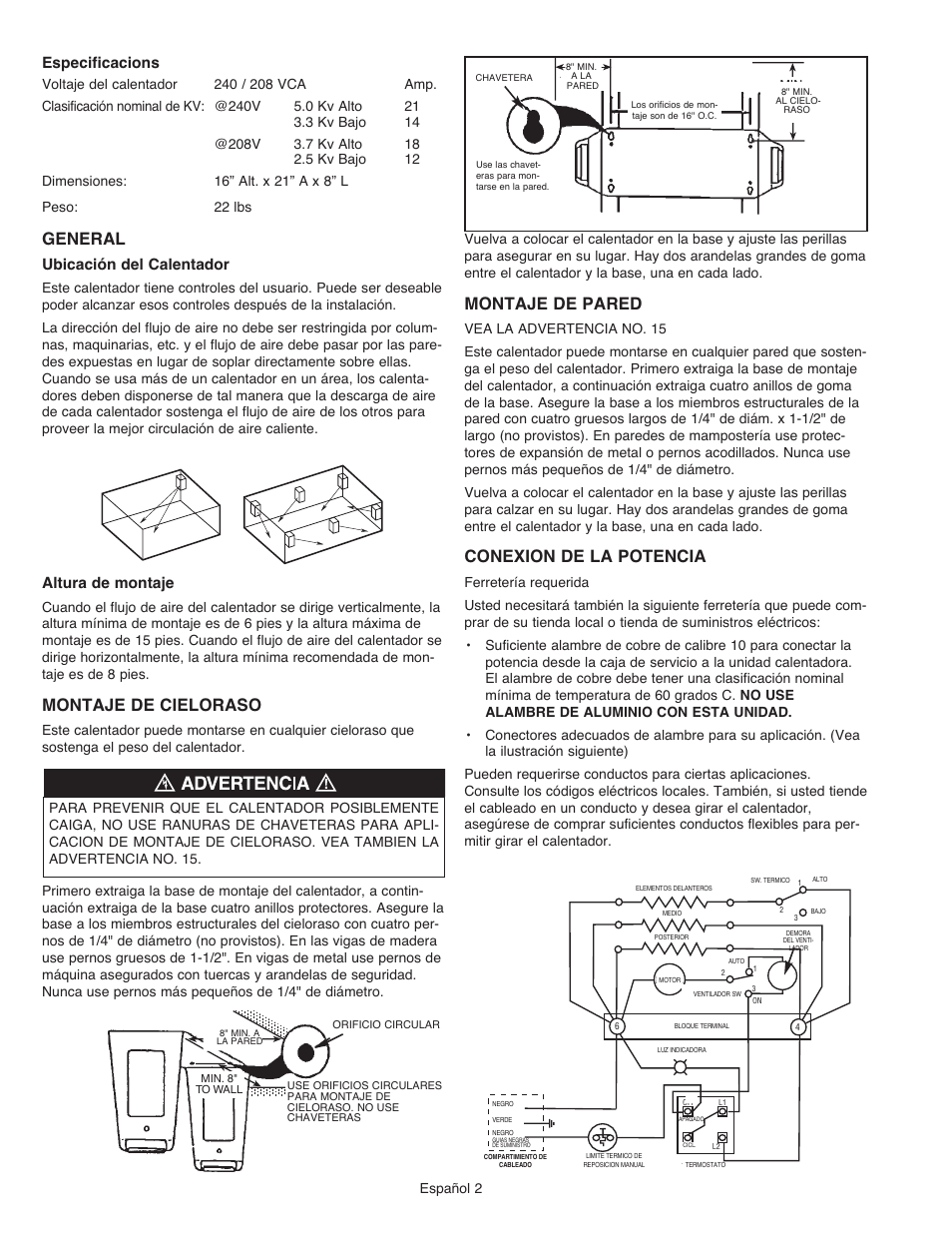General, Montaje de cieloraso, Montaje de pared | Conexion de la potencia, Especificacions, Ubicación del calentador, Altura de montaje | Qmark MUH35C User Manual | Page 6 / 12