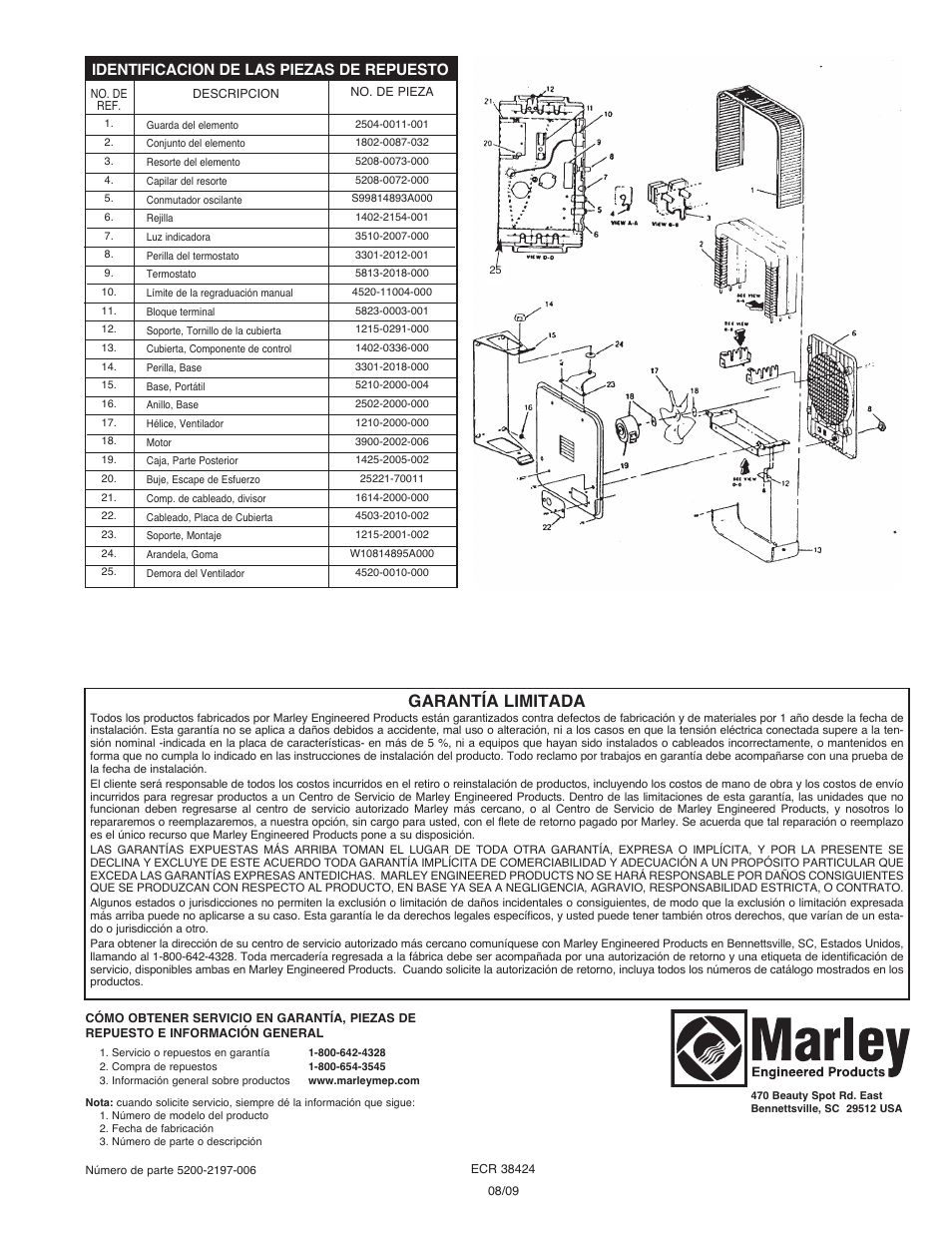 Garantía limitada, Identificacion de las piezas de repuesto | Qmark MUH35C User Manual | Page 8 / 12