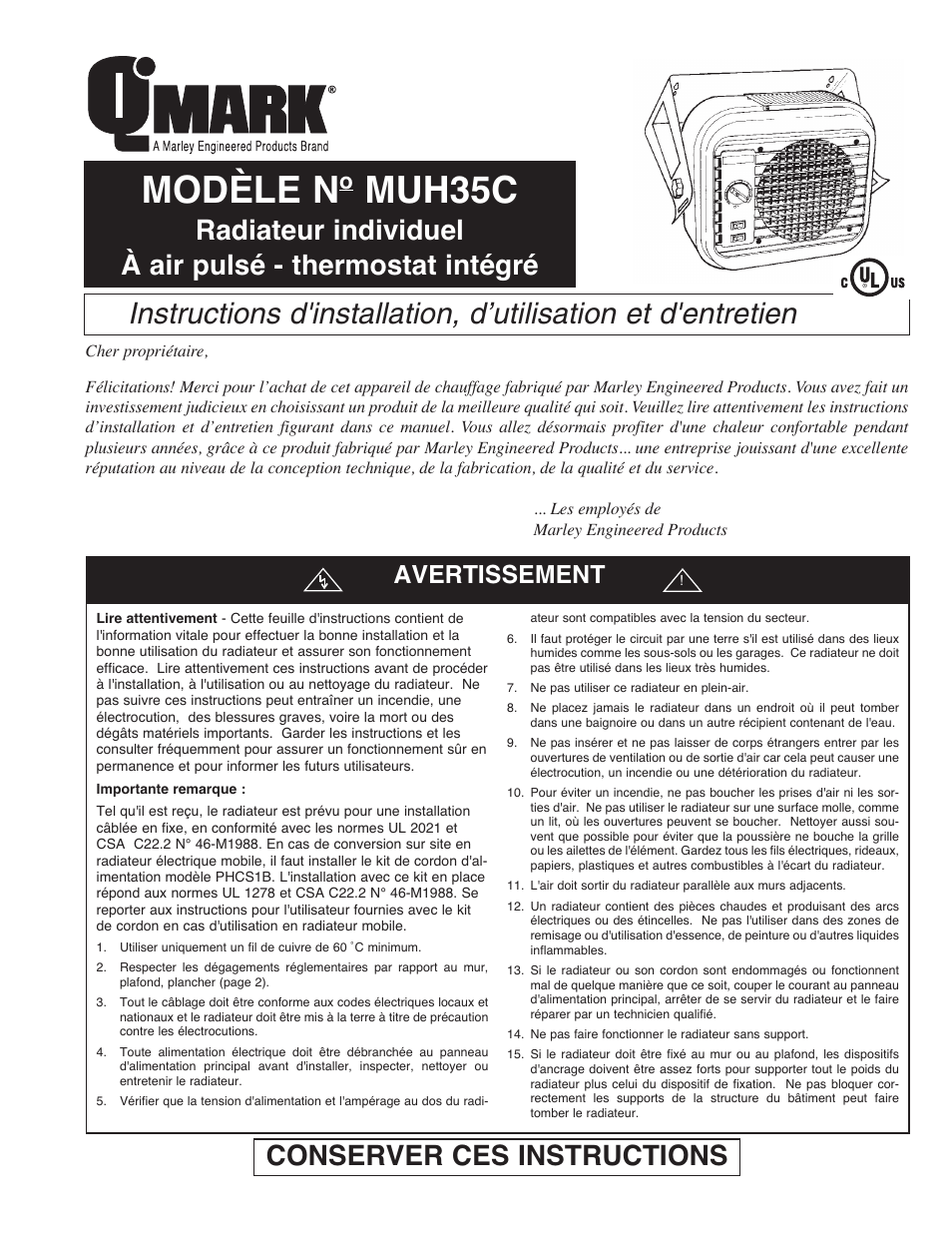 Modèle n, Muh35c, Conserver ces instructions | Avertissement | Qmark MUH35C User Manual | Page 9 / 12