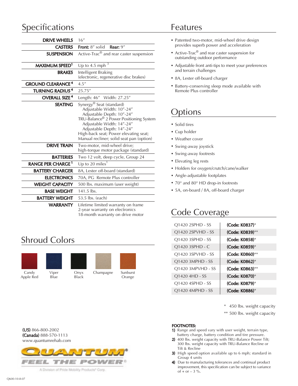Specifications features options shroud colors, Code coverage | Quantum 1420 User Manual | Page 2 / 2