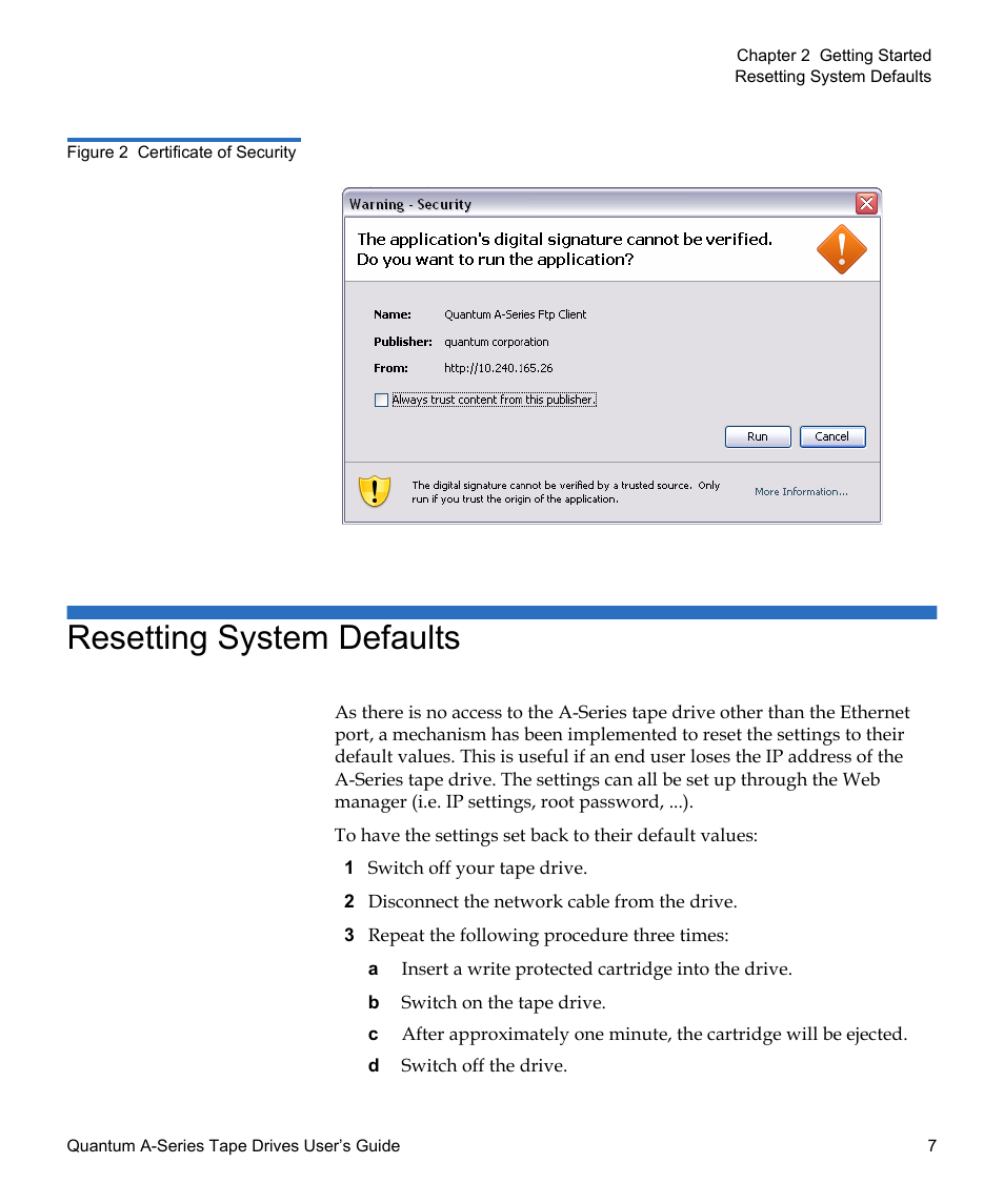 Resetting system defaults, Figure 2, Certificate of security | Quantum Tape Drive A-Series User Manual | Page 23 / 105