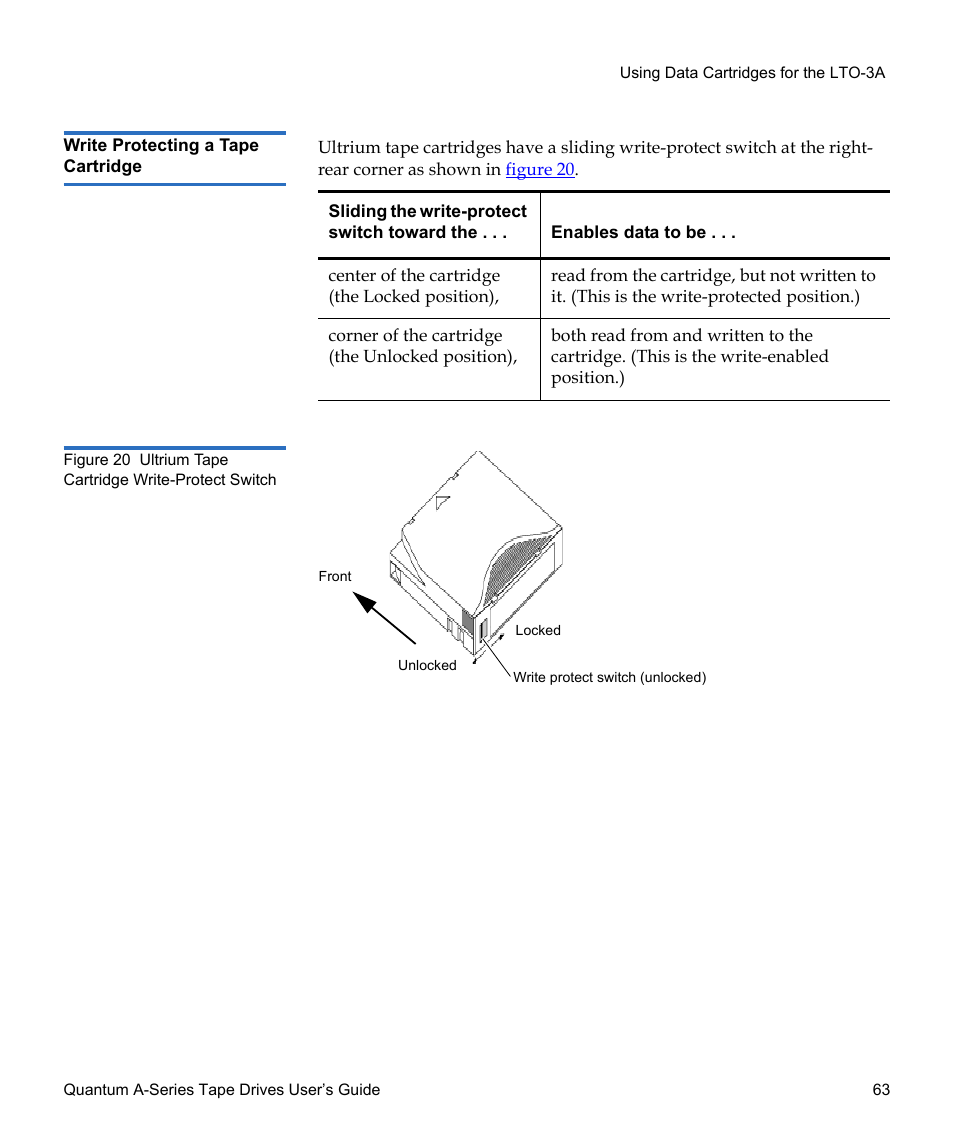 Write protecting a tape cartridge, Figure 20, Ultrium tape cartridge write-protect switch | Quantum Tape Drive A-Series User Manual | Page 79 / 105
