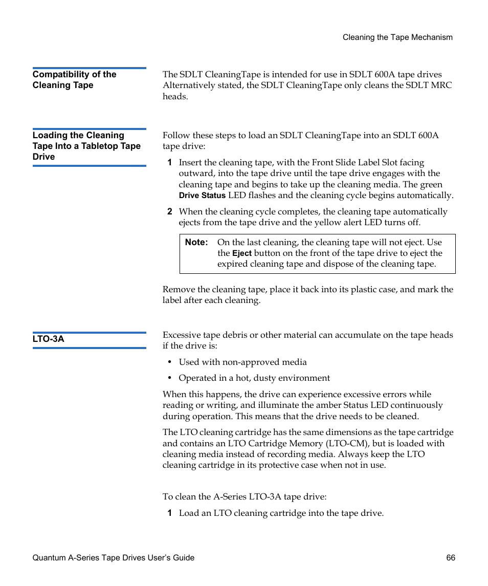 Compatibility of the cleaning tape, Lto-3a | Quantum Tape Drive A-Series User Manual | Page 82 / 105