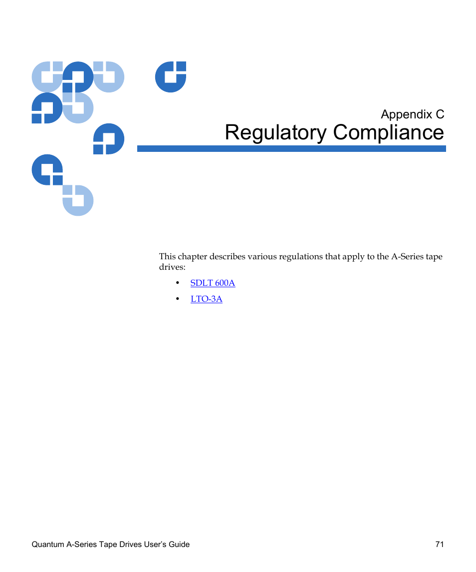 Regulatory compliance, Appendix c, Appendix c, regulatory compliance | Quantum Tape Drive A-Series User Manual | Page 87 / 105