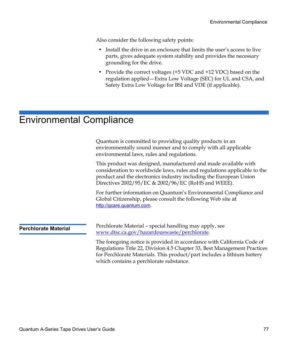 Environmental compliance, Perchlorate material | Quantum Tape Drive A-Series User Manual | Page 93 / 105