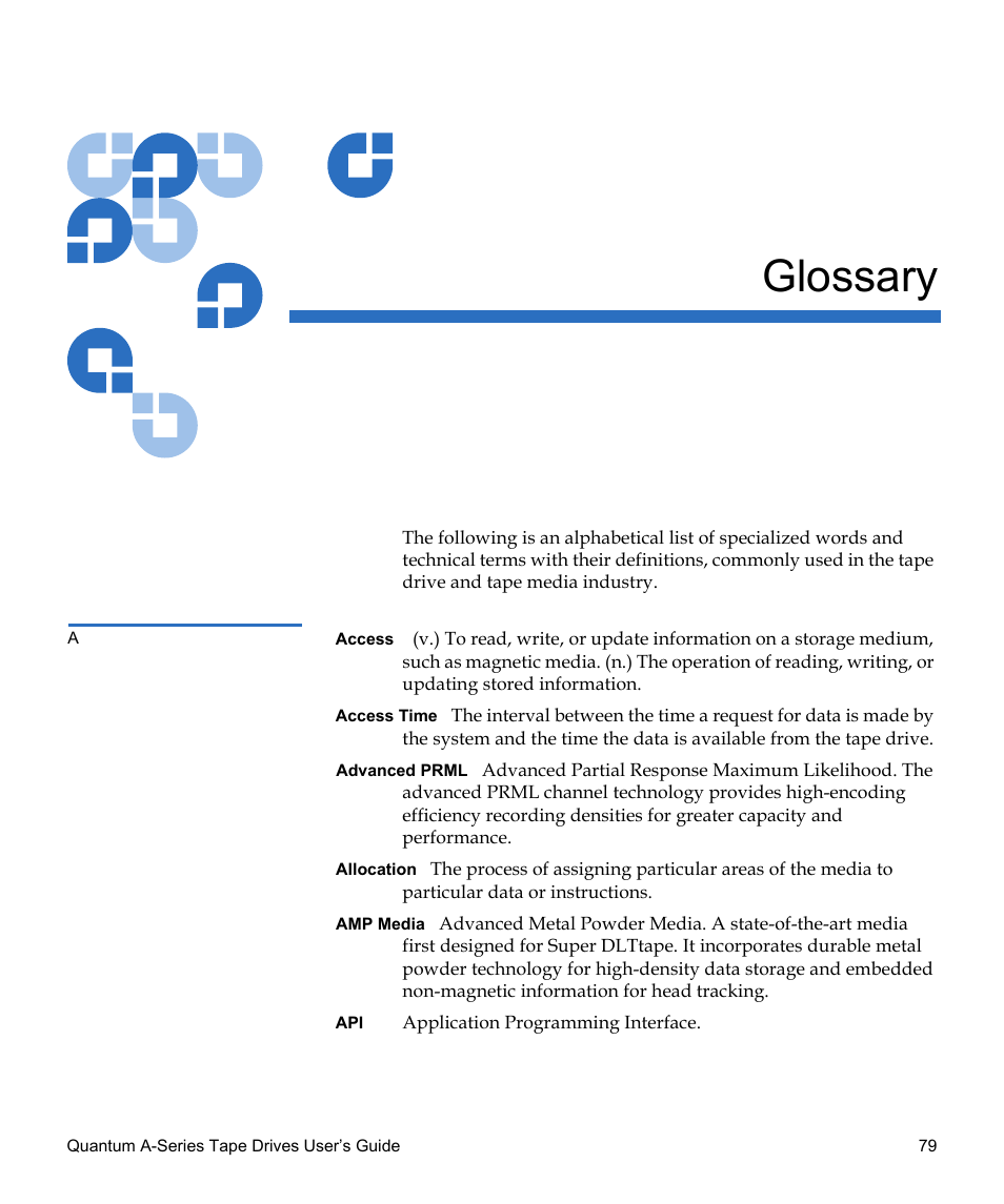 Glossary | Quantum Tape Drive A-Series User Manual | Page 95 / 105