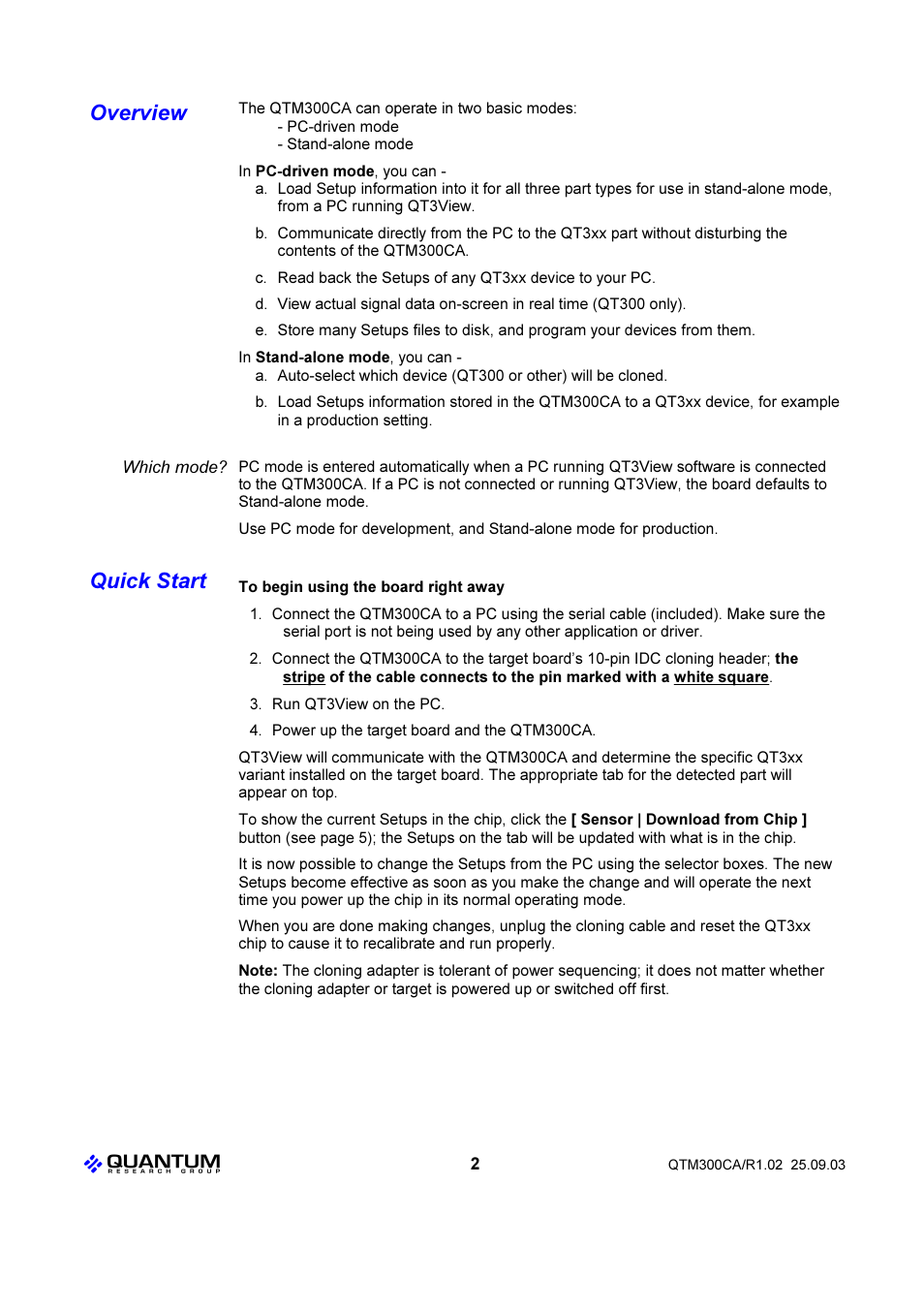 Quick start, Overview | Quantum QTM300CA User Manual | Page 2 / 12