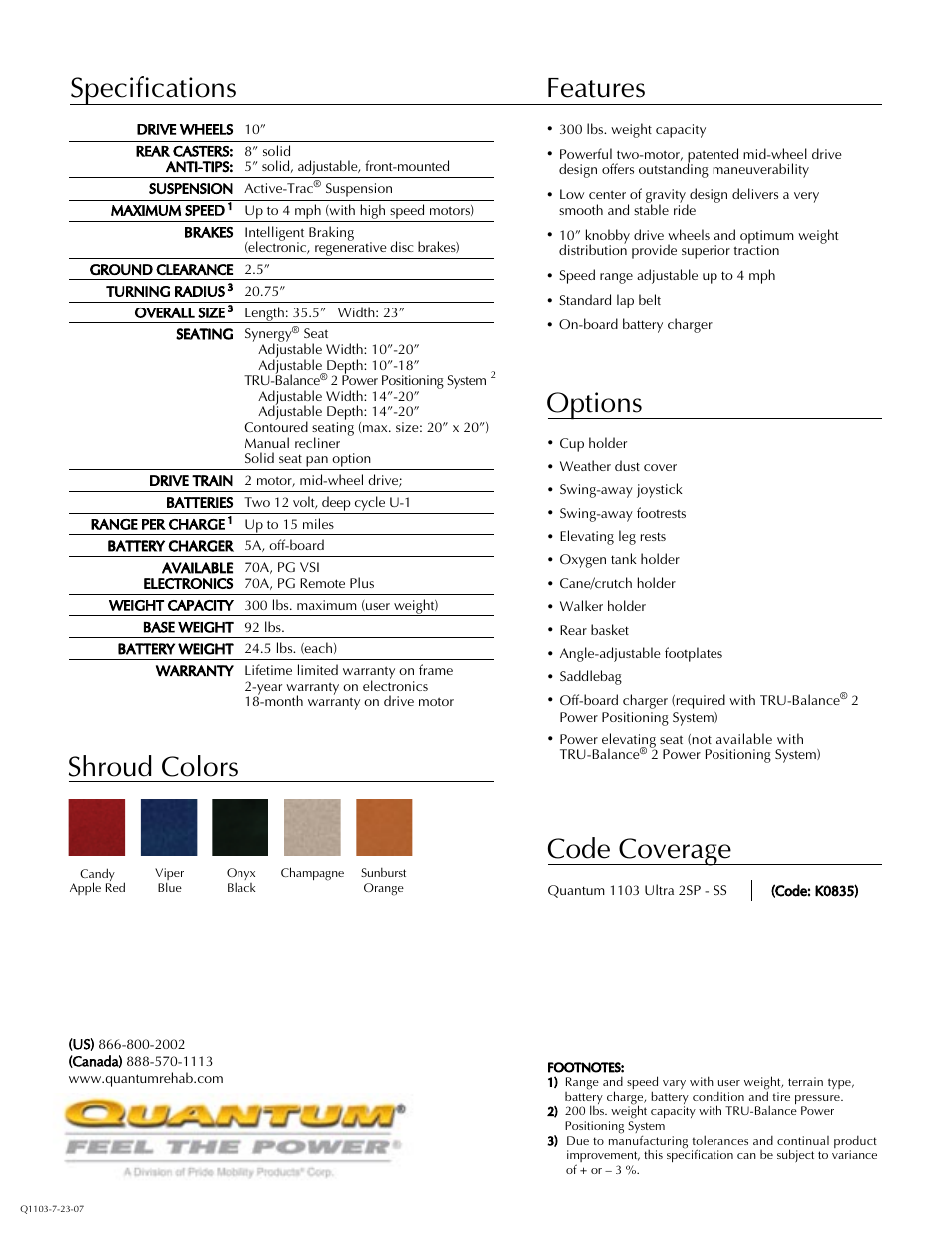 Specifications features options shroud colors, Code coverage | Quantum 1103 Ultra User Manual | Page 2 / 2