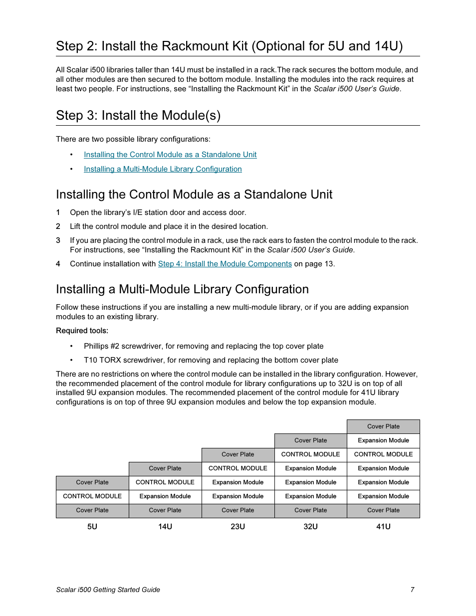 Step 3: install the module(s), Installing the control module as a standalone unit, Installing a multi-module library configuration | Quantum Scalar i500 User Manual | Page 7 / 148