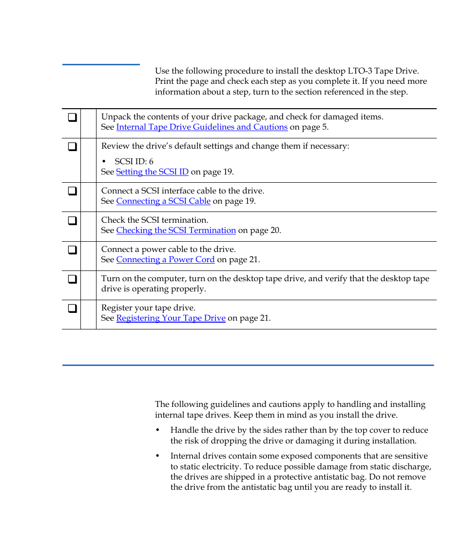 Desktop lto-3 tape drive quick start, Internal tape drive guidelines and cautions | Quantum Tape Drive LTO-3 User Manual | Page 19 / 98