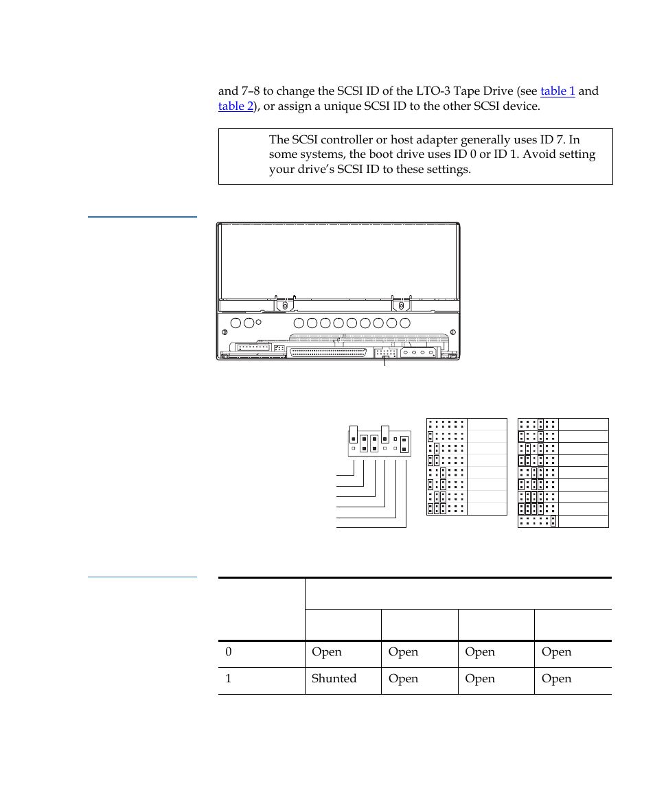 Figure 2, Internal lto-3 tape drive jumper settings, Table 1 | Tape drive | Quantum Tape Drive LTO-3 User Manual | Page 23 / 98