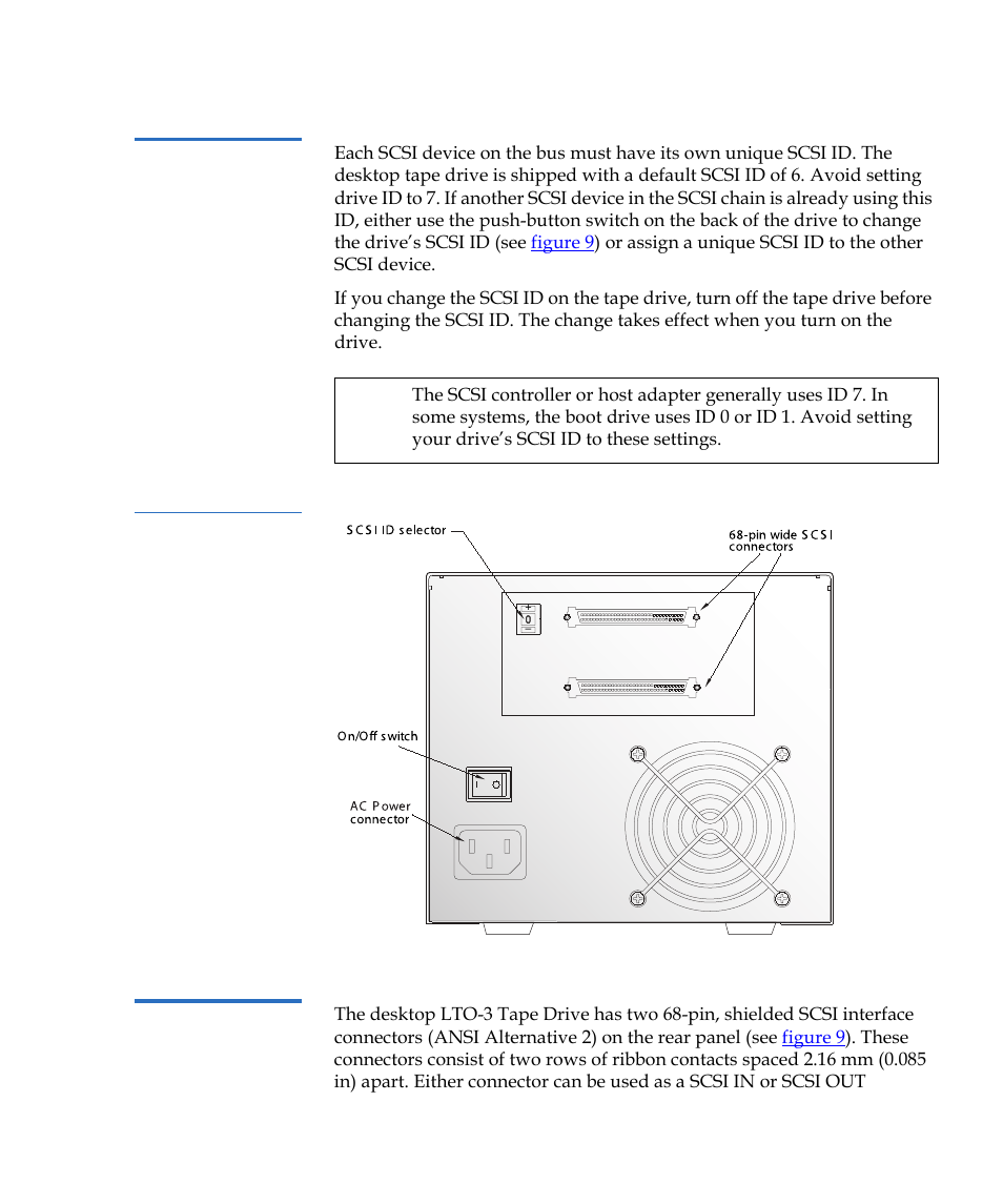 Setting the scsi id, Connecting a scsi cable, Figure 9 | Switches and connectors on the back of the desktop, Lto-3 tape drive | Quantum Tape Drive LTO-3 User Manual | Page 33 / 98