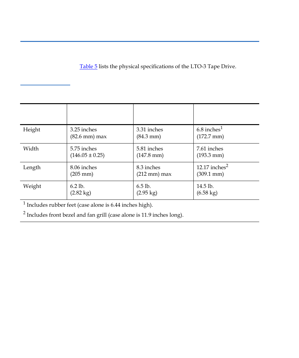 Physical specifications, Table 5 | Quantum Tape Drive LTO-3 User Manual | Page 54 / 98