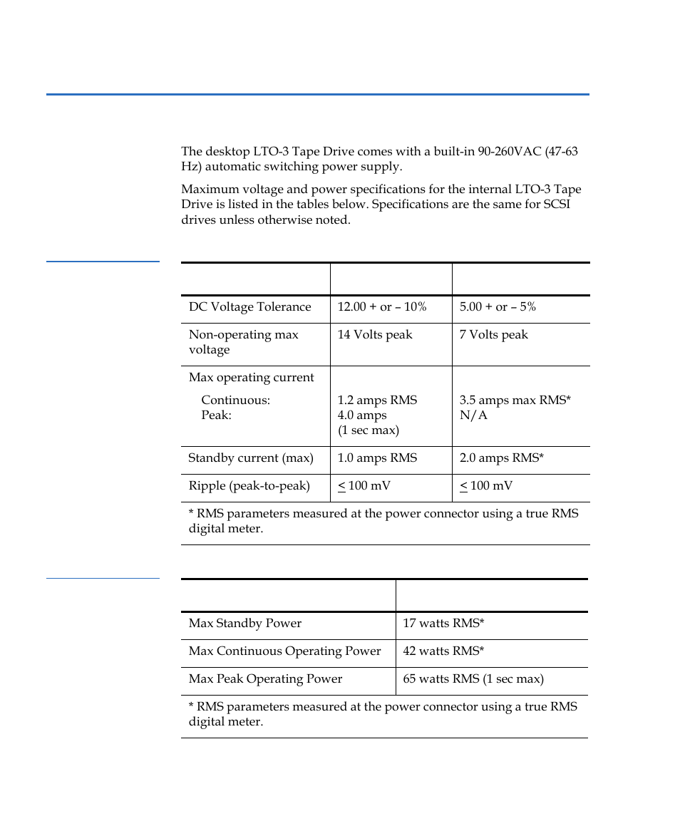 Power specifications, Table 6, Voltage and current | Table 7, Power dissipation | Quantum Tape Drive LTO-3 User Manual | Page 56 / 98