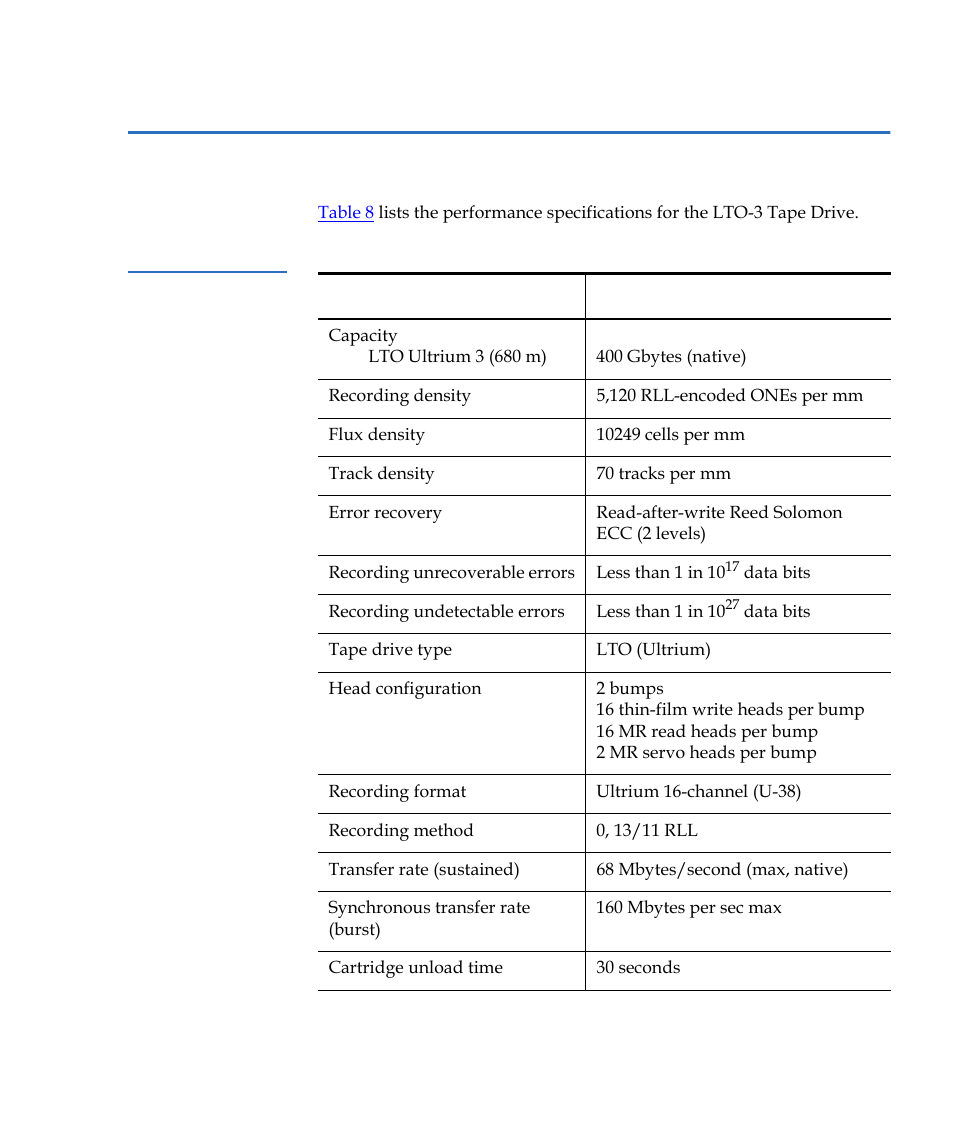 Drive performance specifications, Table 8 | Quantum Tape Drive LTO-3 User Manual | Page 57 / 98