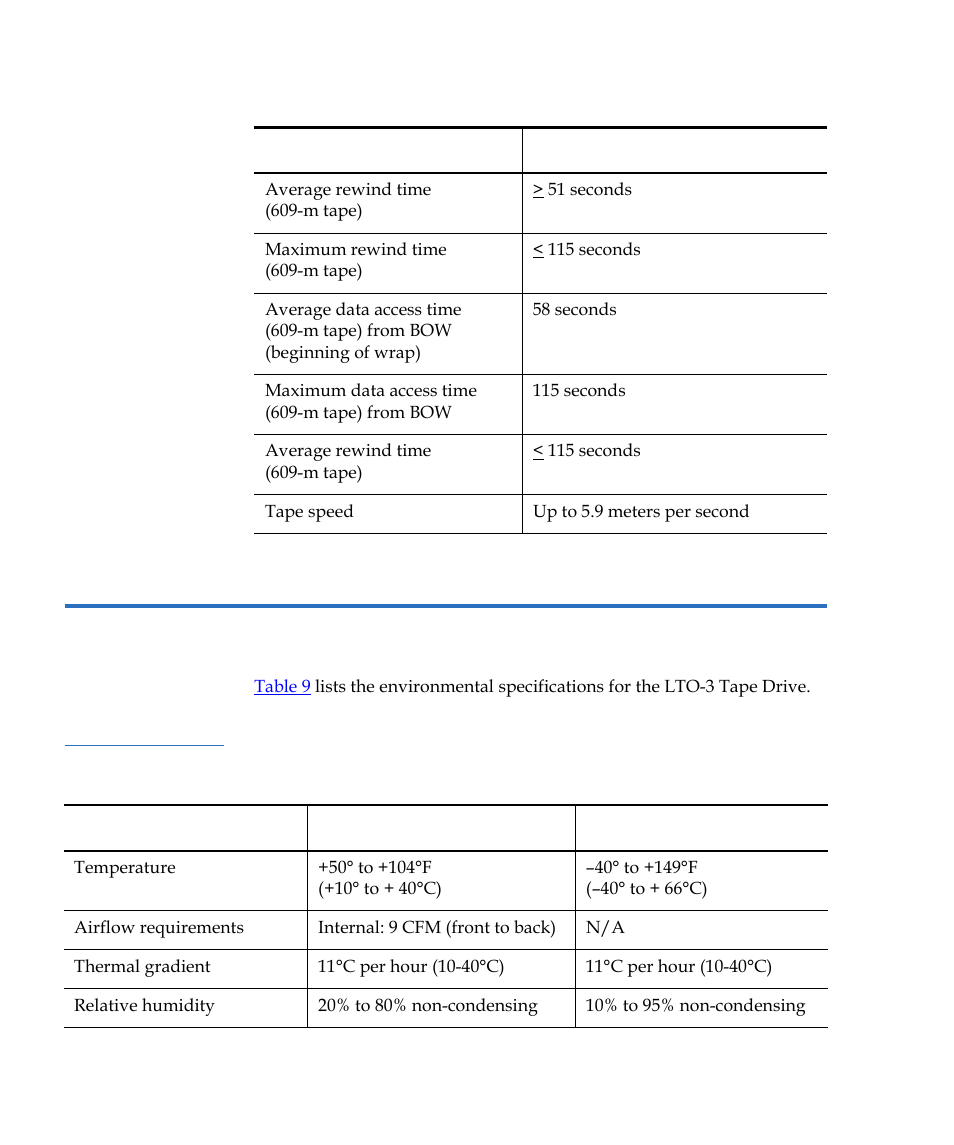 Environmental requirements, Table 9 | Quantum Tape Drive LTO-3 User Manual | Page 58 / 98