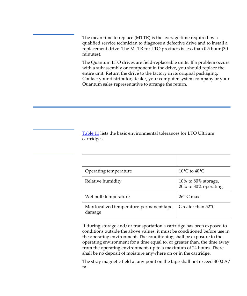 Mean time to replace, Lto cartridge specifications, Environmental considerations | Table 11, Environmental tolerances | Quantum Tape Drive LTO-3 User Manual | Page 61 / 98