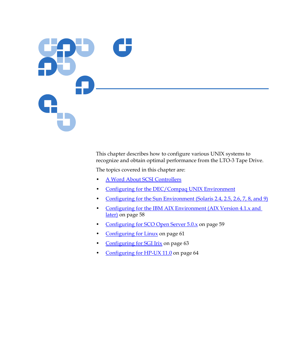 Unix settings, Chapter 6, Chapter 6, unix settings | Quantum Tape Drive LTO-3 User Manual | Page 67 / 98