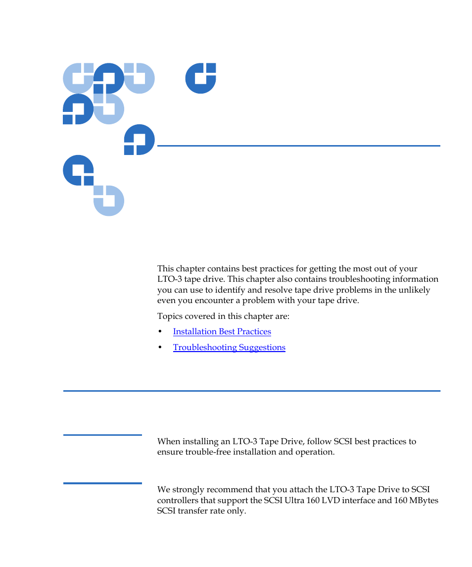Troubleshooting guide, Installation best practices, Follow scsi best practices | Scsi host bus adapters (hba), Chapter 7, Chapter 7, troubleshooting guide | Quantum Tape Drive LTO-3 User Manual | Page 81 / 98