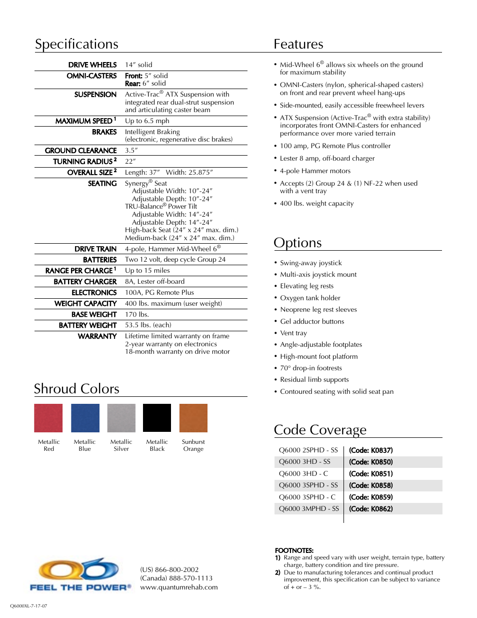 Specifications features, Options shroud colors, Code coverage | Quantum Power Chairs 6000 XL User Manual | Page 2 / 2